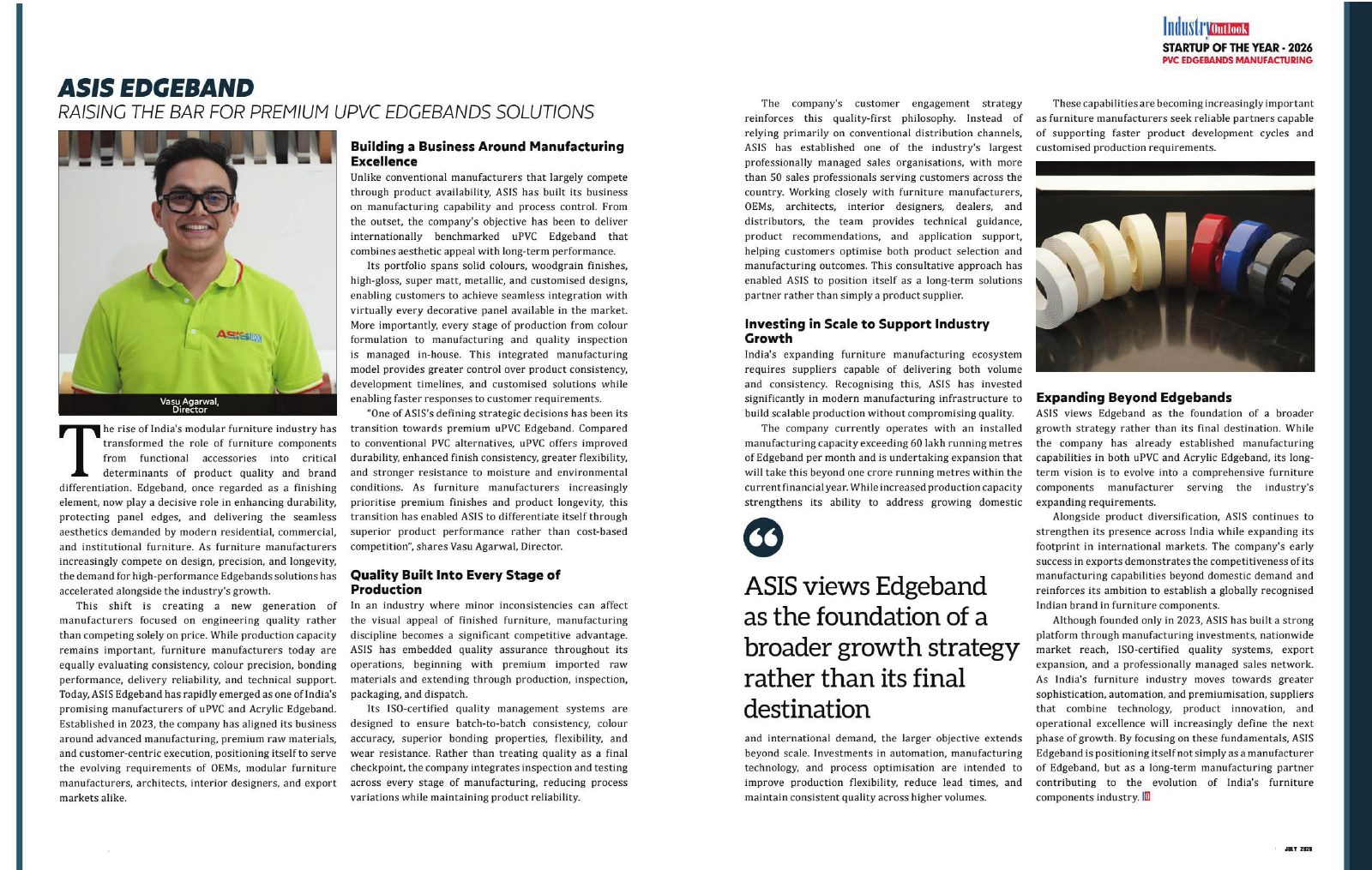 ASIS Edge Band Named "Startup of the Year 2026" in PVC Edge Band Manufacturing by Industry Outlook
